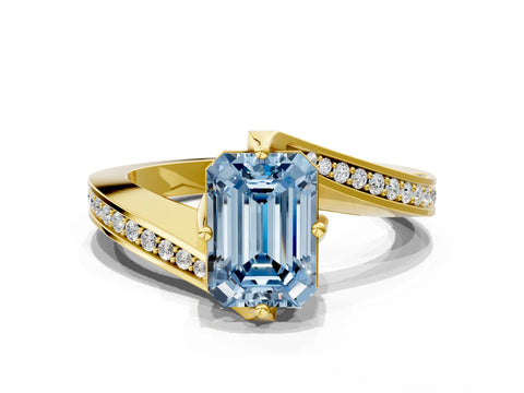 Yellow gold Fancy Blue Emerald Cut Solitaire Diamond Twist Band with Pavé Setting and Four-Prong Setting