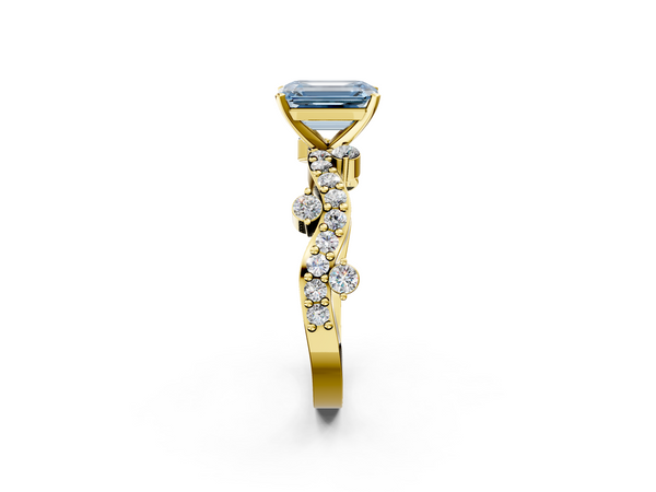 Yellow gold Fancy Blue Emerald  Cut Solitaire Diamond Twisted Band with Pave Setting
