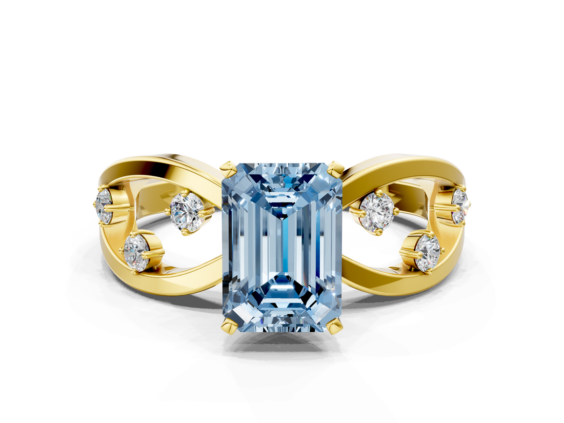 Yellow gold Fancy Blue Emerald  Cut Solitaire Diamond with Side Stones on Criss-Cross Band and Four-Prong Setting_3