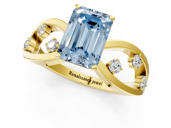 Yellow gold Fancy Blue Emerald  Cut Solitaire Diamond with Side Stones on Criss-Cross Band and Four-Prong Setting