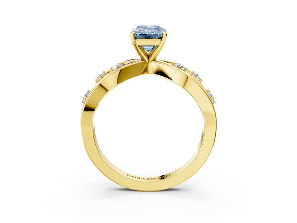 Yellow gold Fancy Blue Emerald  Cut Solitaire Diamond with Side Stones on Criss-Cross Band and Four-Prong Setting