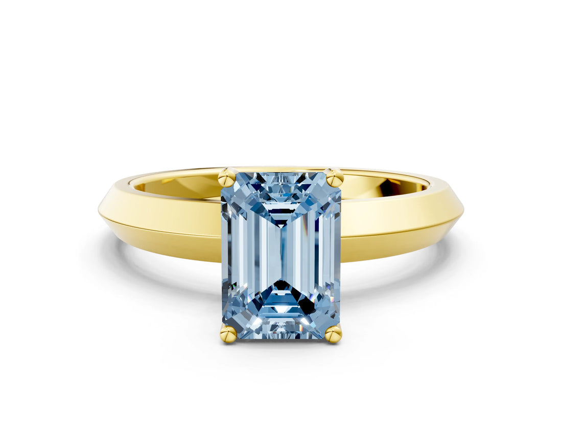 Yellow gold Fancy Blue Emerald  Cut Solitaire Engagement Ring with Flat Band and Four-Prong Setting 1