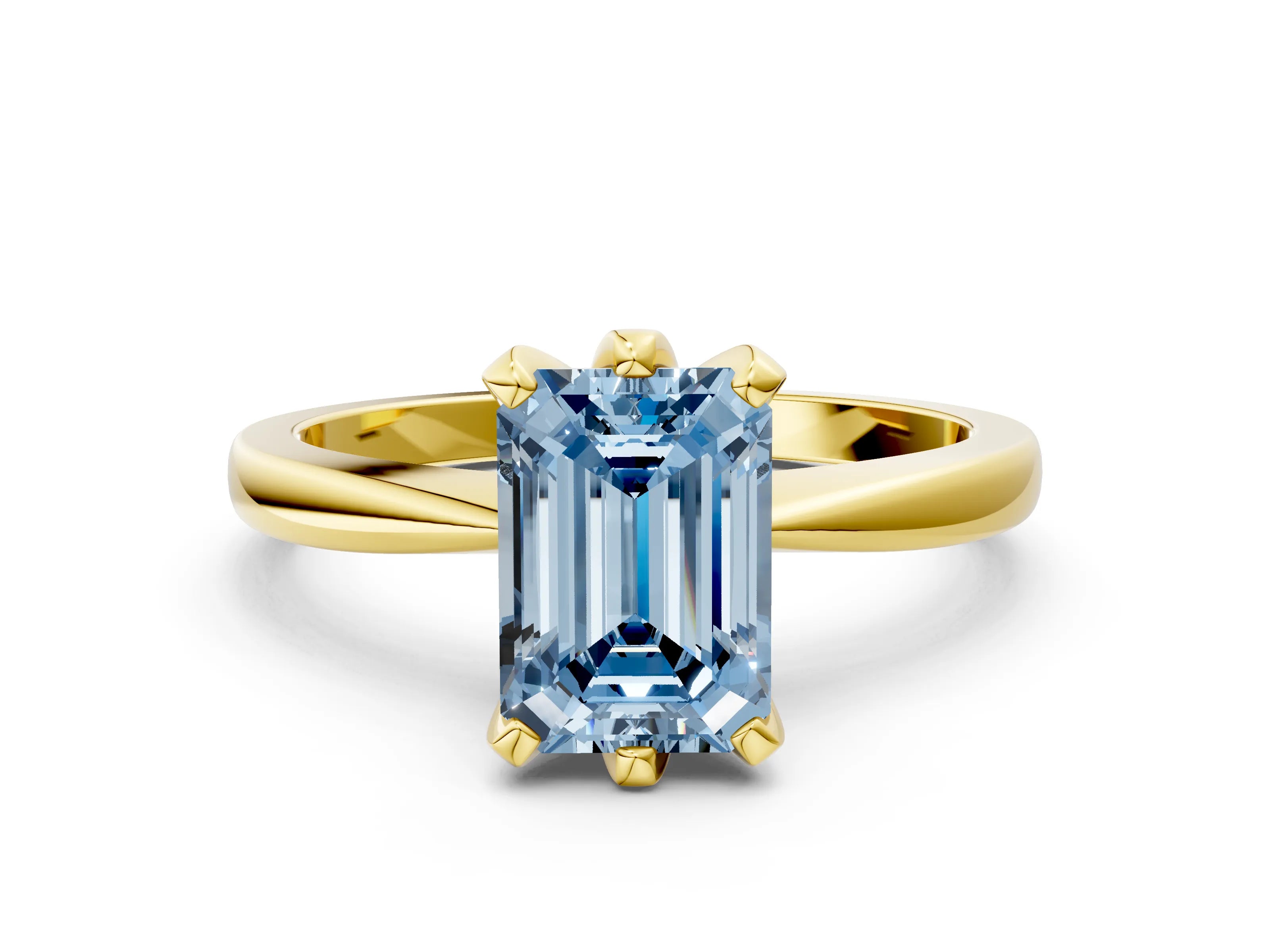 Yellow gold Fancy Blue Emerald Cut Solitaire Engagement Ring with Six-Prong Setting and Tapered Band