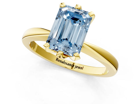 Yellow gold Fancy Blue Emerald Cut Solitaire Engagement Ring with Six-Prong Setting and Tapered Band_1