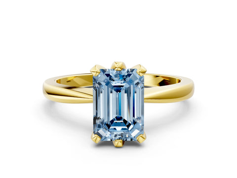 Yellow gold Fancy Blue Emerald Cut Solitaire Engagement Ring with Six-Prong Setting and Tapered Band
