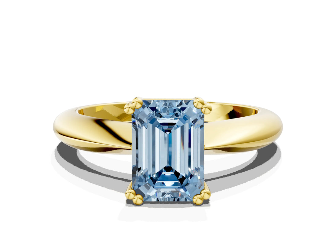 Yellow gold Fancy Blue Emerald  Cut Solitaire Engagement Ring with Tapered Band and Four-Prong Setting 1