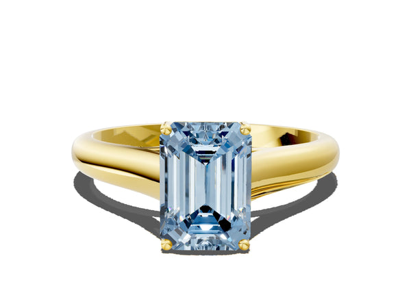 Yellow gold Fancy Blue Emerald Cut Solitaire Engagement Ring with Tapered Band and Four-Prong Setting