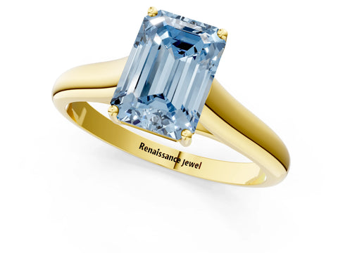 Yellow gold Fancy Blue Emerald Cut Solitaire Engagement Ring with Tapered Band and Four-Prong Setting_6