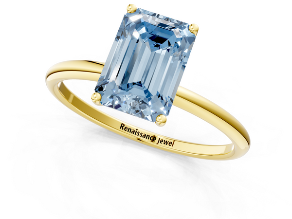 Yellow gold Fancy Blue Emerald  Cut Solitaire Engagement Ring with Thin Band and Four-Prong Setting
