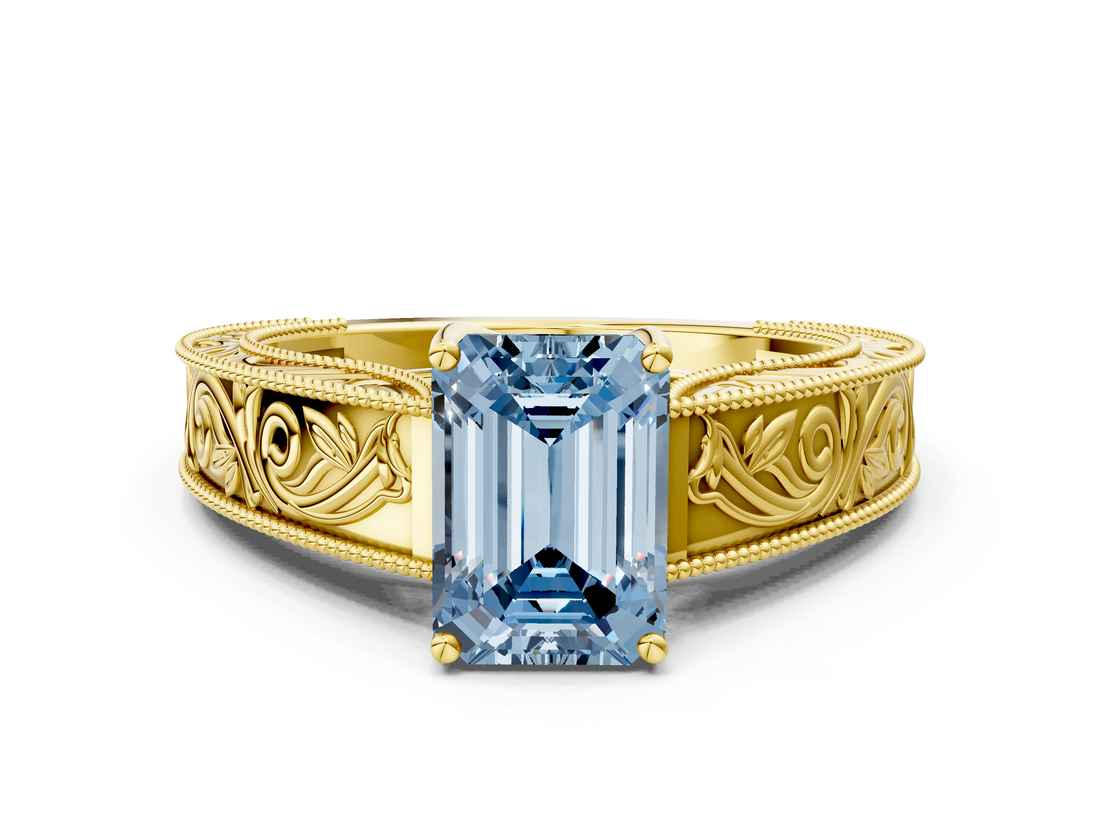 Yellow gold Fancy Blue Emerald  Cut Solitaire Engraved Band with Four-Prong Setting_79