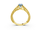 Yellow gold Fancy Blue Emerald  Cut Solitaire Engraved Band with Four-Prong Setting_82