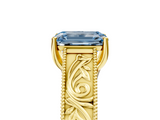 Yellow gold Fancy Blue Emerald  Cut Solitaire Engraved Band with Four-Prong Setting_84