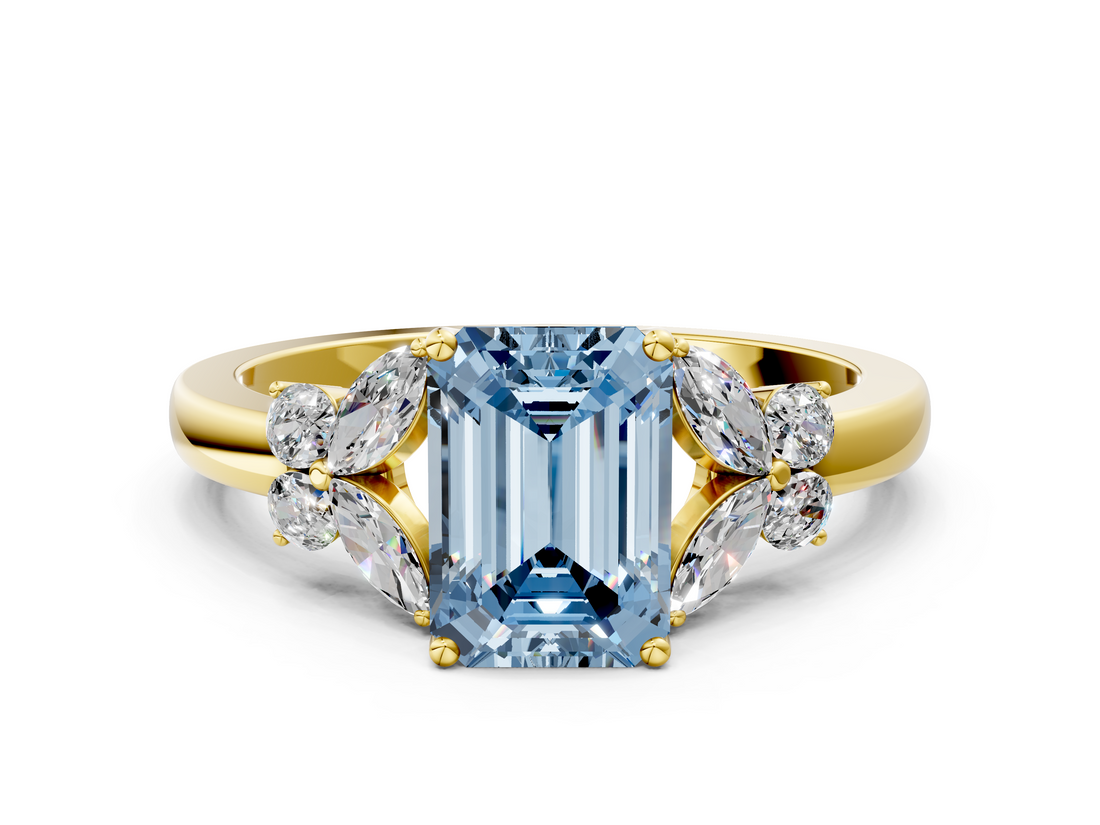 Yellow gold Fancy Blue Emerald  Cut Solitaire Floral Diamond Ring with Four-Prong Setting_37