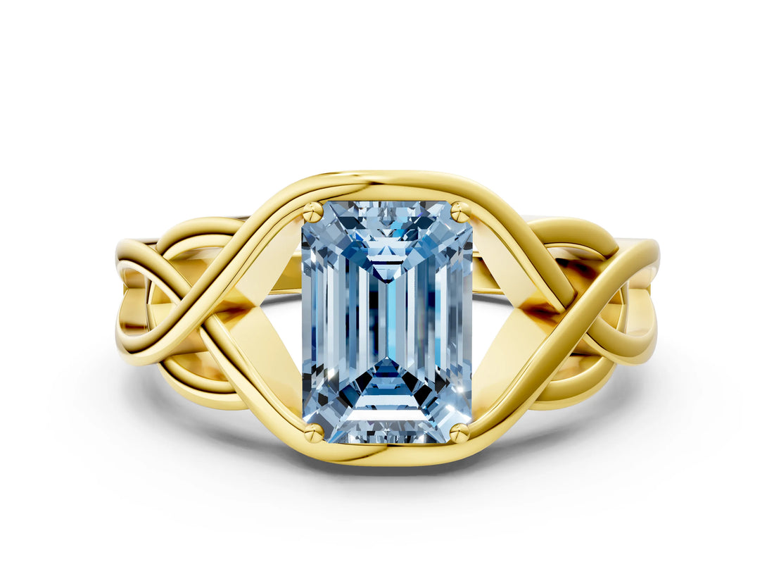 Yellow gold Fancy Blue Emerald Cut Solitaire Intertwined Band Prong Setting Ring