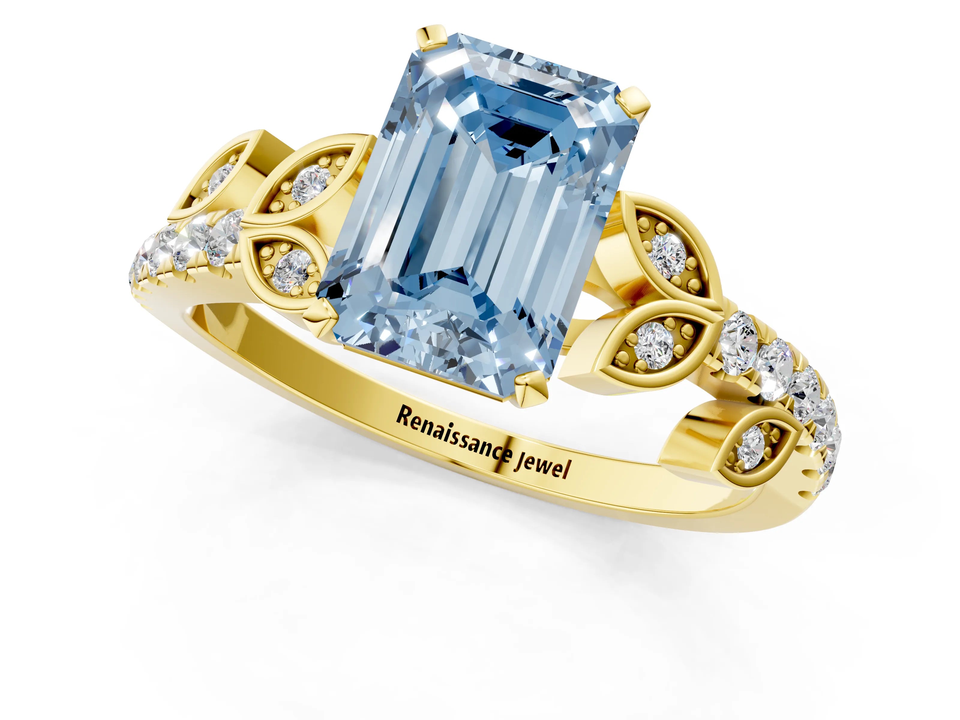 Yellow gold Fancy Blue Emerald Cut Solitaire Leaf-Inspired Diamond Ring with Pavé Band and Four-Prong Setting_1