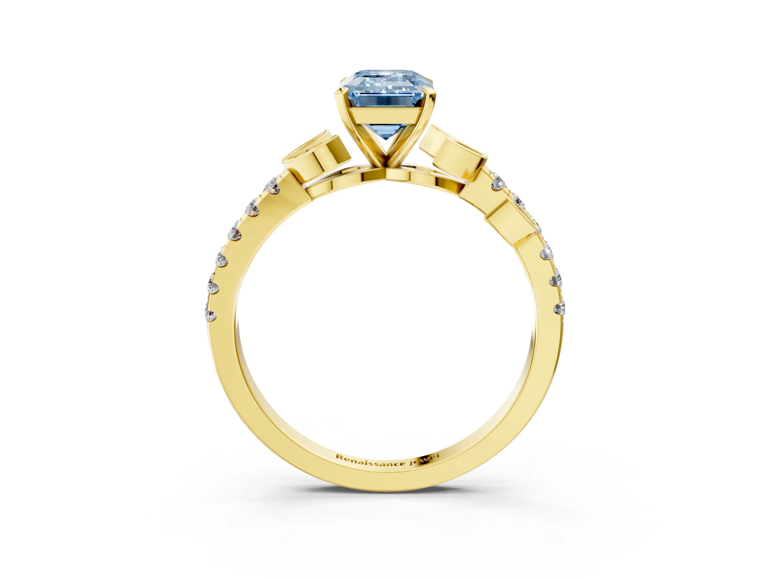 Yellow gold Fancy Blue Emerald Cut Solitaire Leaf-Inspired Diamond Ring with Pavé Band and Four-Prong Setting_3