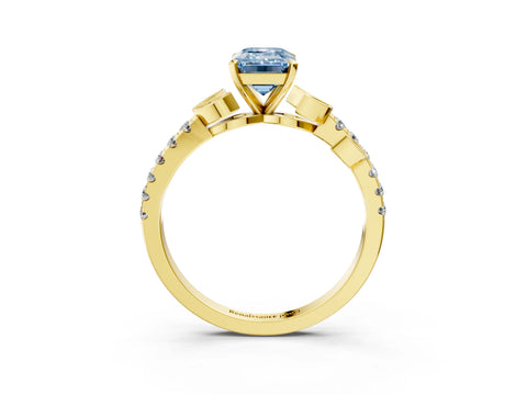 Yellow gold Fancy Blue Emerald Cut Solitaire Leaf-Inspired Diamond Ring with Pavé Band and Four-Prong Setting_3