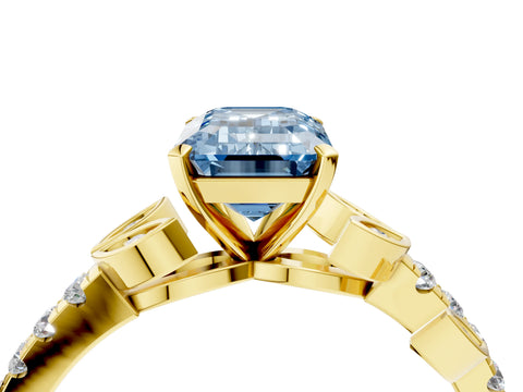 Yellow gold Fancy Blue Emerald Cut Solitaire Leaf-Inspired Diamond Ring with Pavé Band and Four-Prong Setting_4