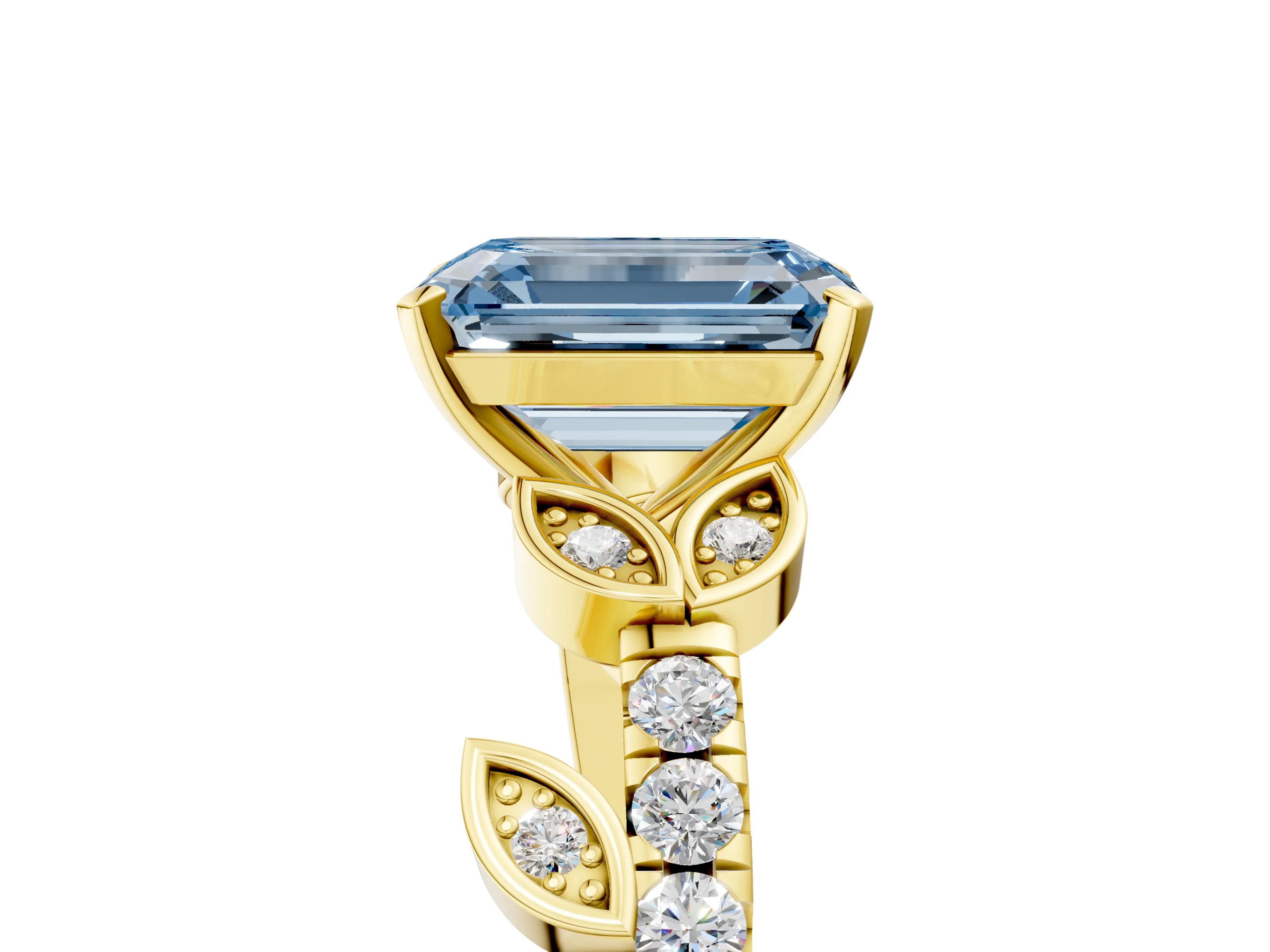 Yellow gold Fancy Blue Emerald Cut Solitaire Leaf-Inspired Diamond Ring with Pavé Band and Four-Prong Setting_5