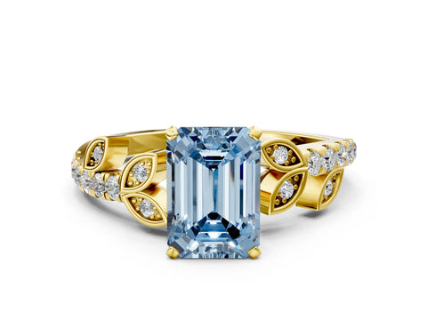 Yellow gold Fancy Blue Emerald Cut Solitaire Leaf-Inspired Diamond Ring with Pavé Band and Four-Prong Setting