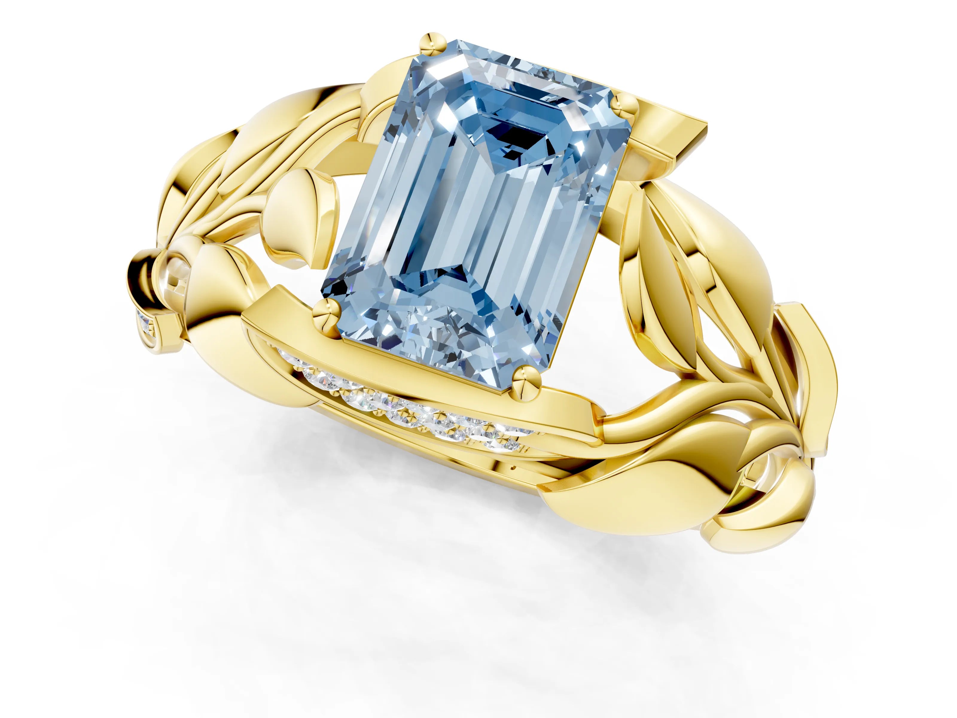 Yellow gold Fancy Blue Emerald Cut Solitaire Leaf-Inspired Engagement Ring with Prong Setting_1