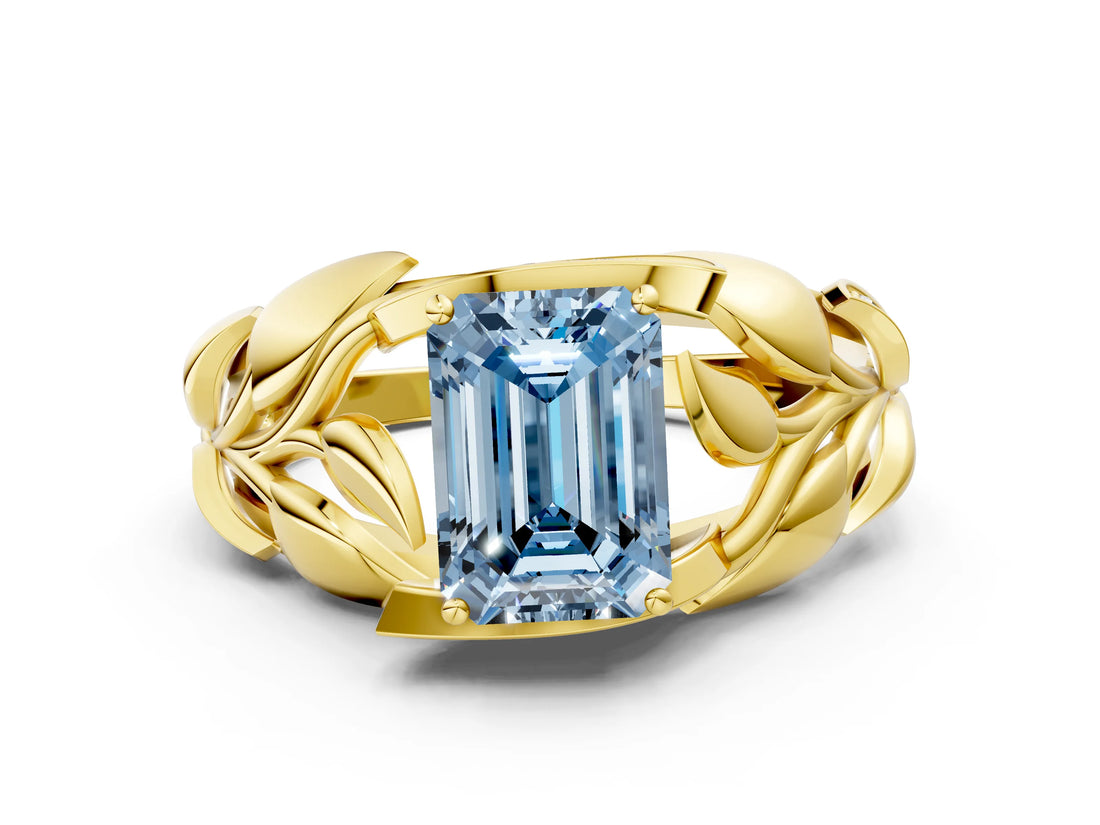 Yellow gold Fancy Blue Emerald Cut Solitaire Leaf-Inspired Engagement Ring with Prong Setting_12