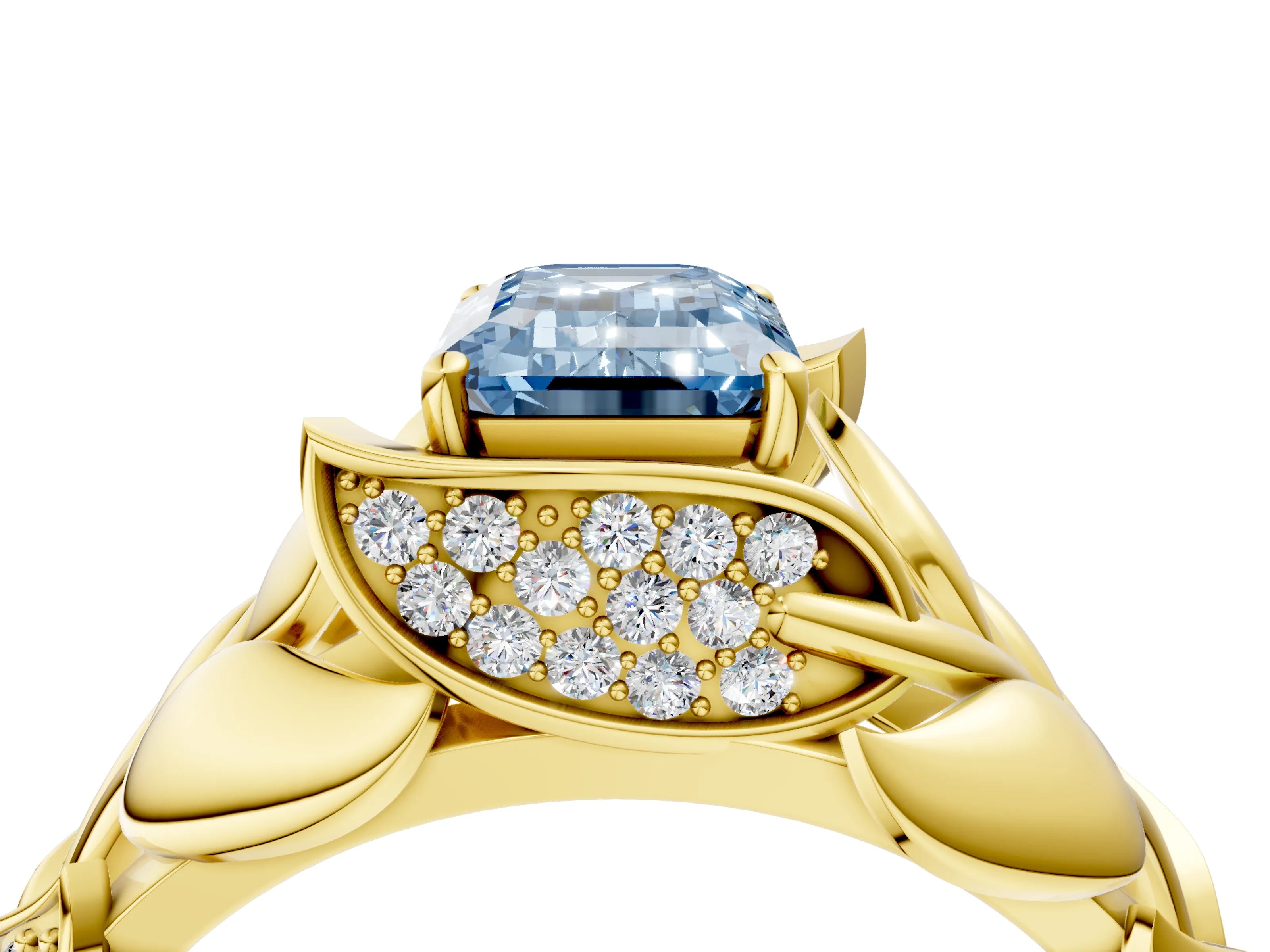 Yellow gold Fancy Blue Emerald Cut Solitaire Leaf-Inspired Engagement Ring with Prong Setting_4