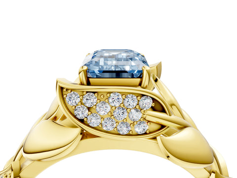 Yellow gold Fancy Blue Emerald Cut Solitaire Leaf-Inspired Engagement Ring with Prong Setting_4