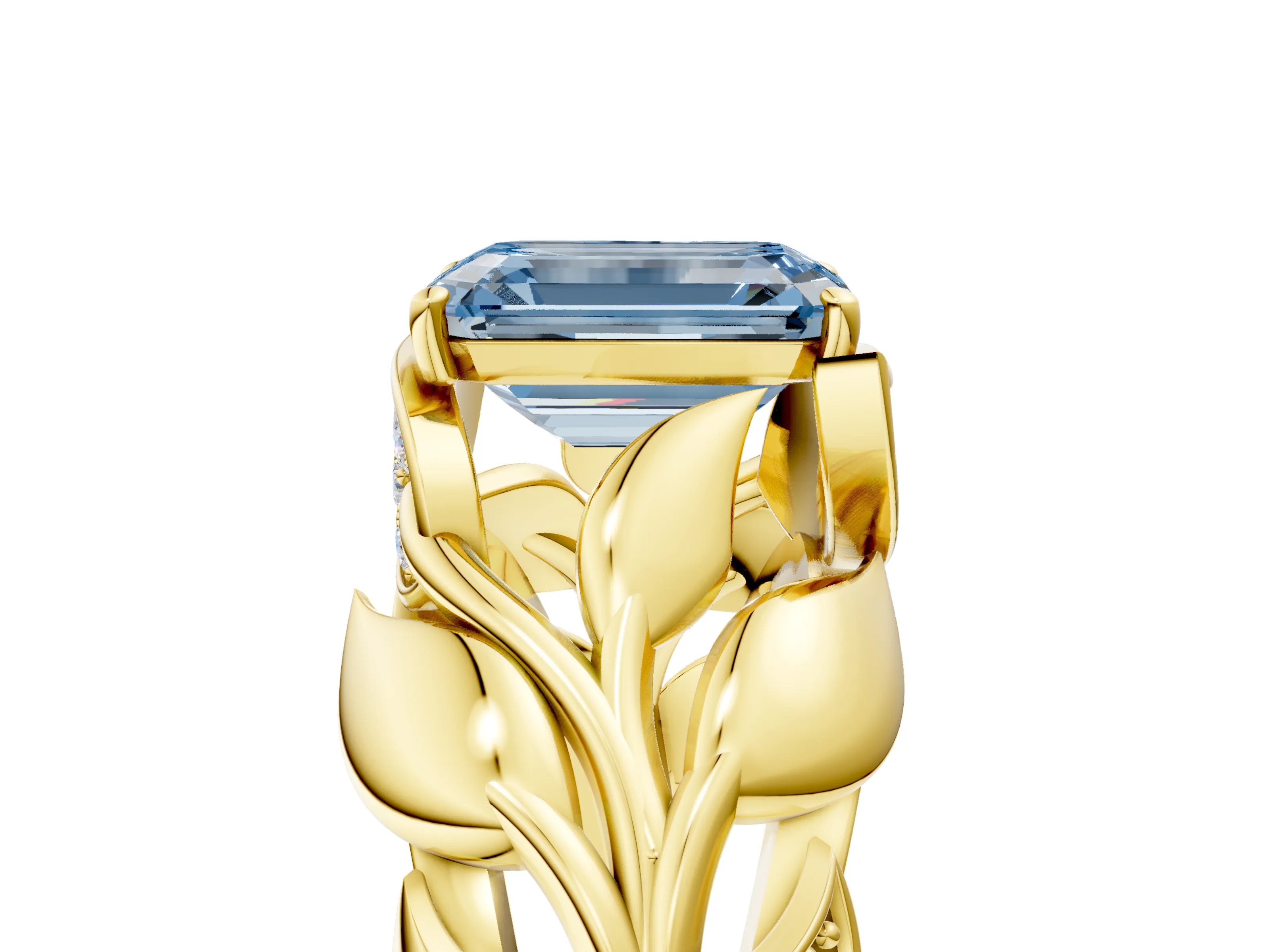 Yellow gold Fancy Blue Emerald Cut Solitaire Leaf-Inspired Engagement Ring with Prong Setting_5