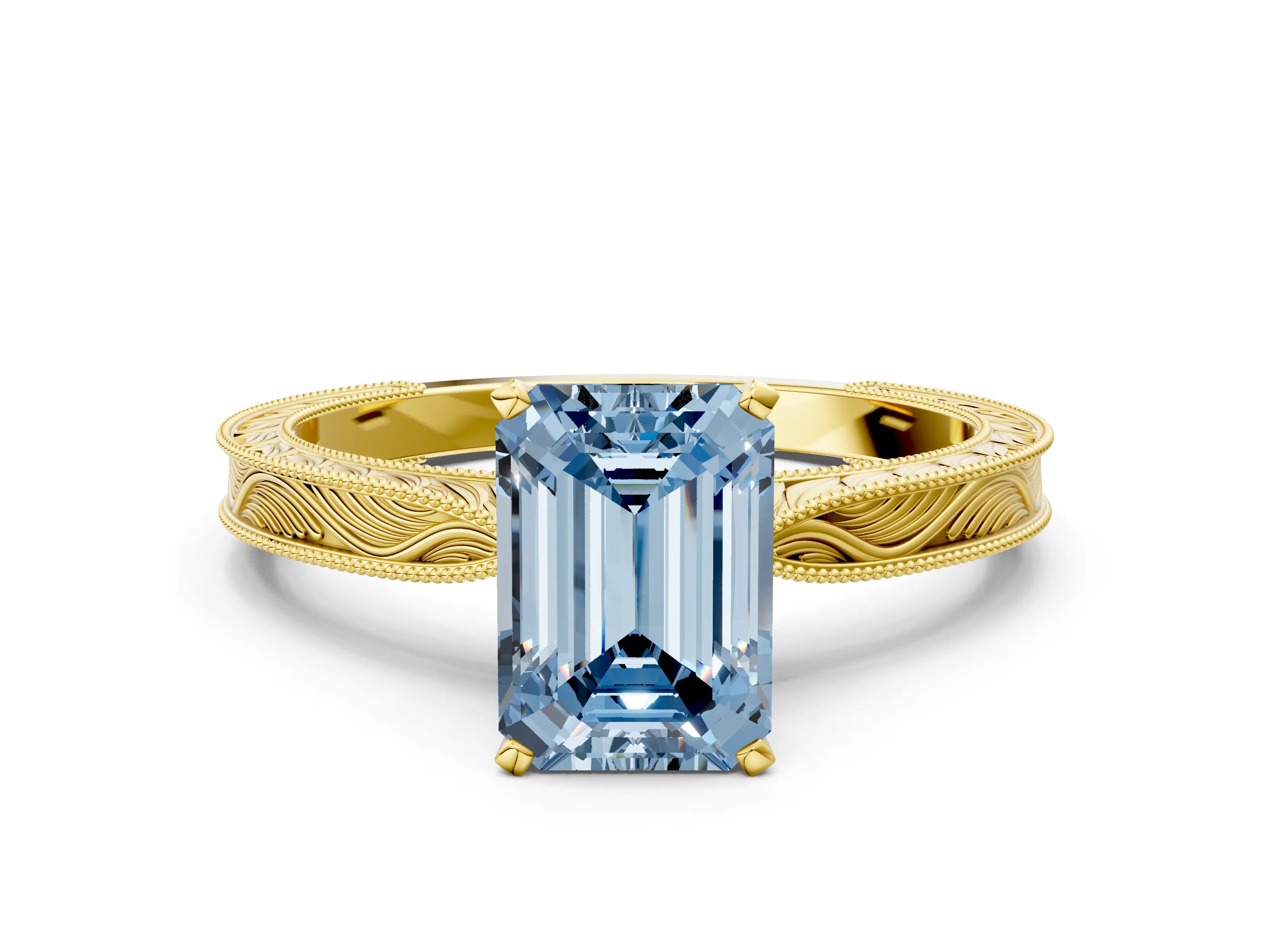 Yellow gold Fancy Blue Emerald Cut Solitaire Milgrain Engraved Band with Four-Prong Setting