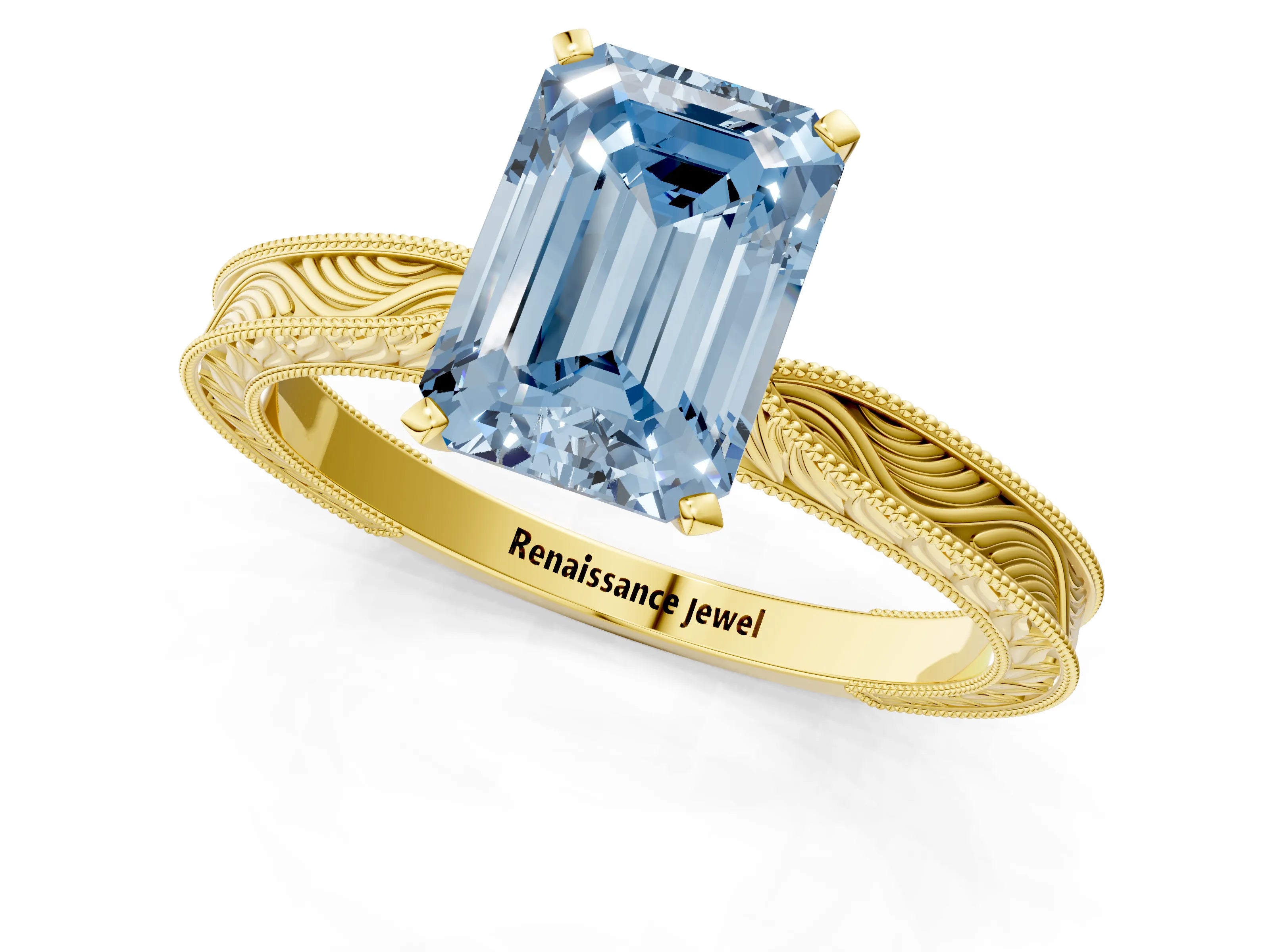 Yellow gold Fancy Blue Emerald Cut Solitaire Milgrain Engraved Band with Four-Prong Setting_1