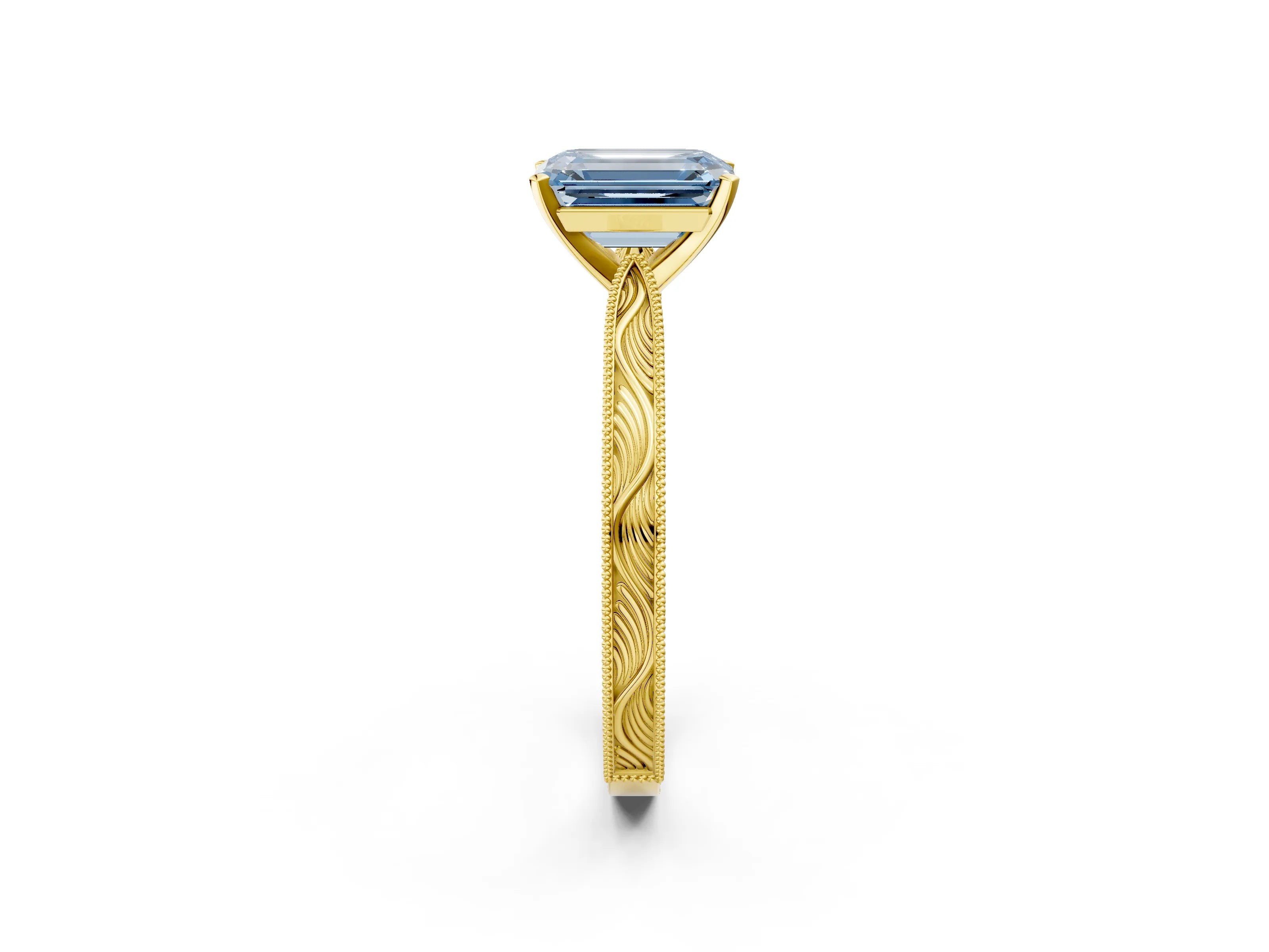 Yellow gold Fancy Blue Emerald Cut Solitaire Milgrain Engraved Band with Four-Prong Setting_2