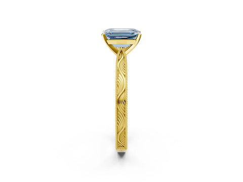 Yellow gold Fancy Blue Emerald Cut Solitaire Milgrain Engraved Band with Four-Prong Setting_2