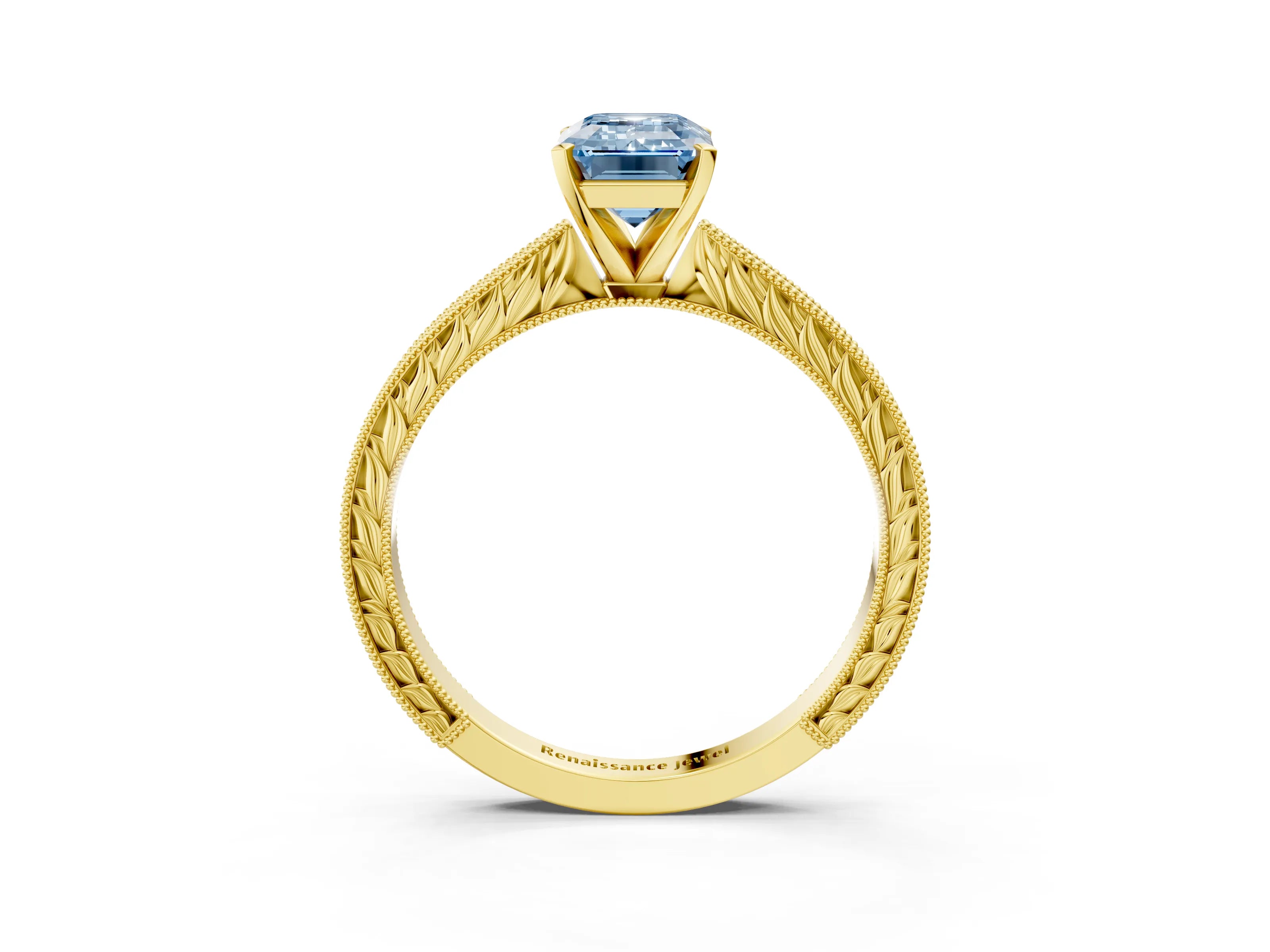 Yellow gold Fancy Blue Emerald Cut Solitaire Milgrain Engraved Band with Four-Prong Setting_3