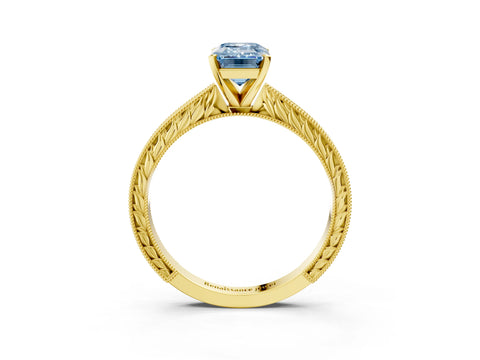 Yellow gold Fancy Blue Emerald Cut Solitaire Milgrain Engraved Band with Four-Prong Setting_3