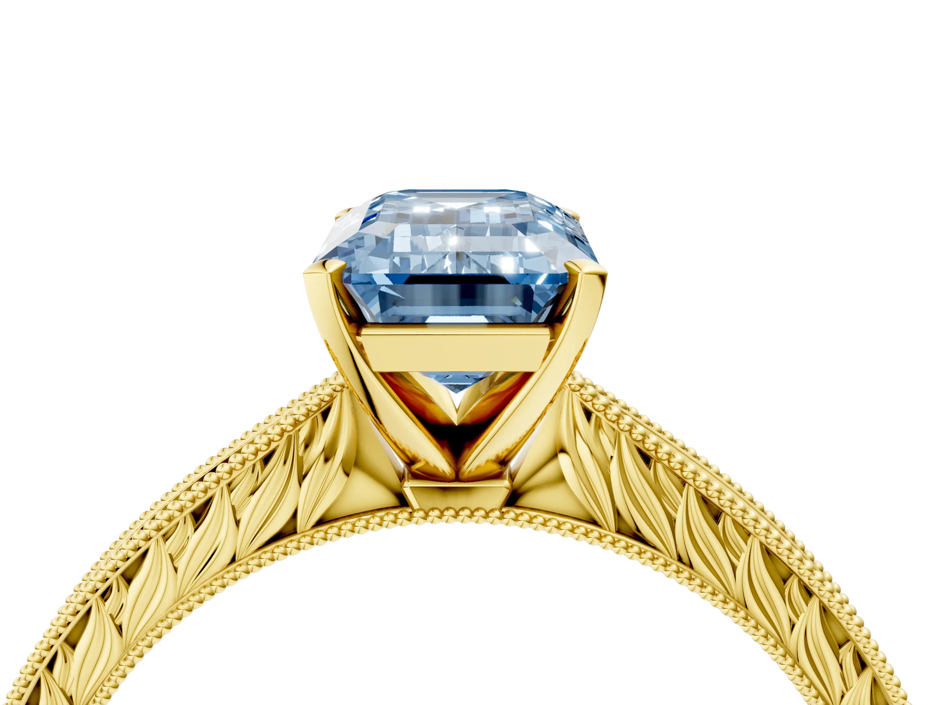 Yellow gold Fancy Blue Emerald Cut Solitaire Milgrain Engraved Band with Four-Prong Setting_4