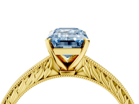 Yellow gold Fancy Blue Emerald Cut Solitaire Milgrain Engraved Band with Four-Prong Setting_4