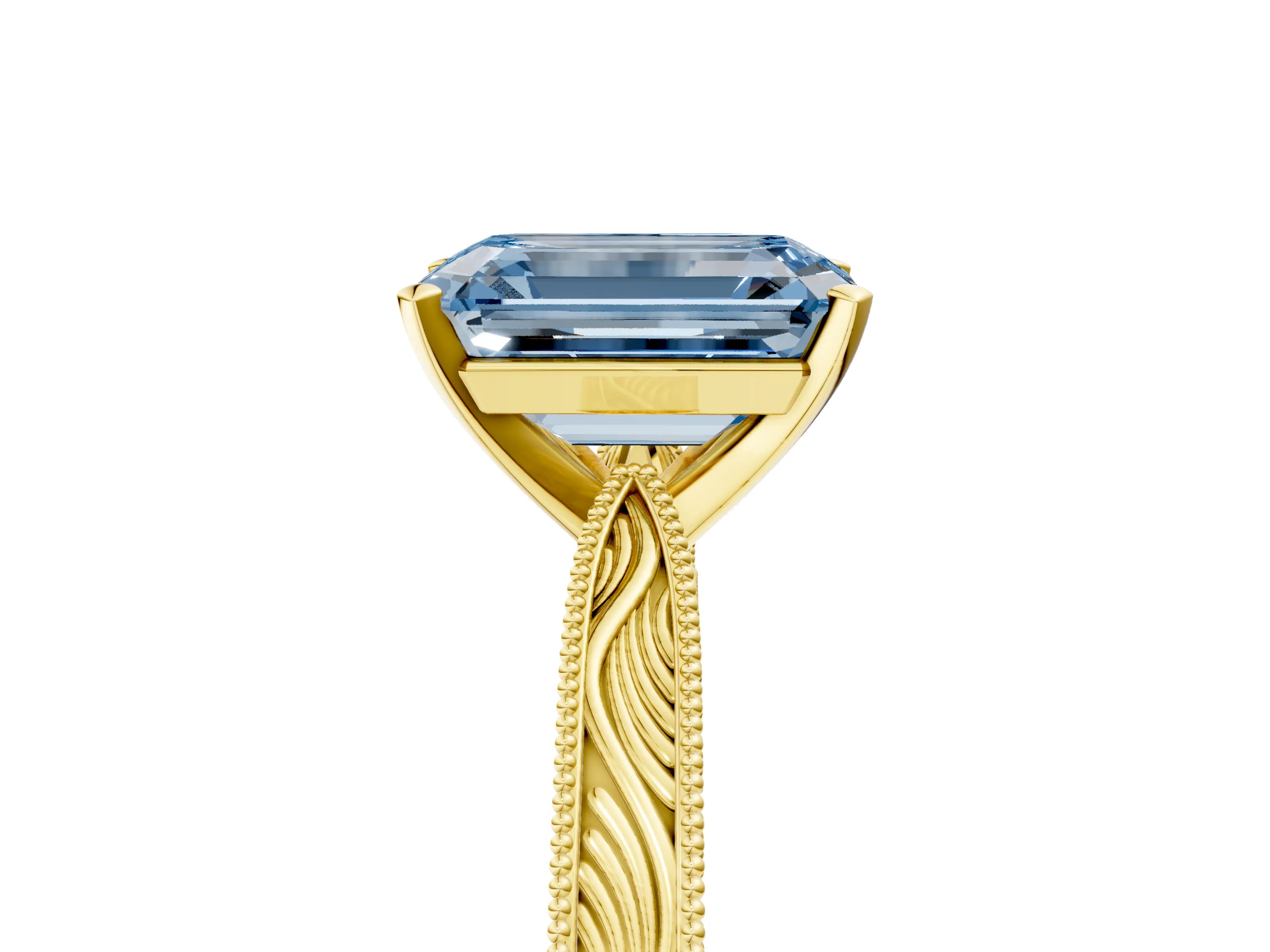 Yellow gold Fancy Blue Emerald Cut Solitaire Milgrain Engraved Band with Four-Prong Setting_5