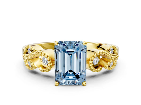 Yellow Gold Emerald Cut Vintage Solitaire Engagement Ring Setting for Fancy Blue Center