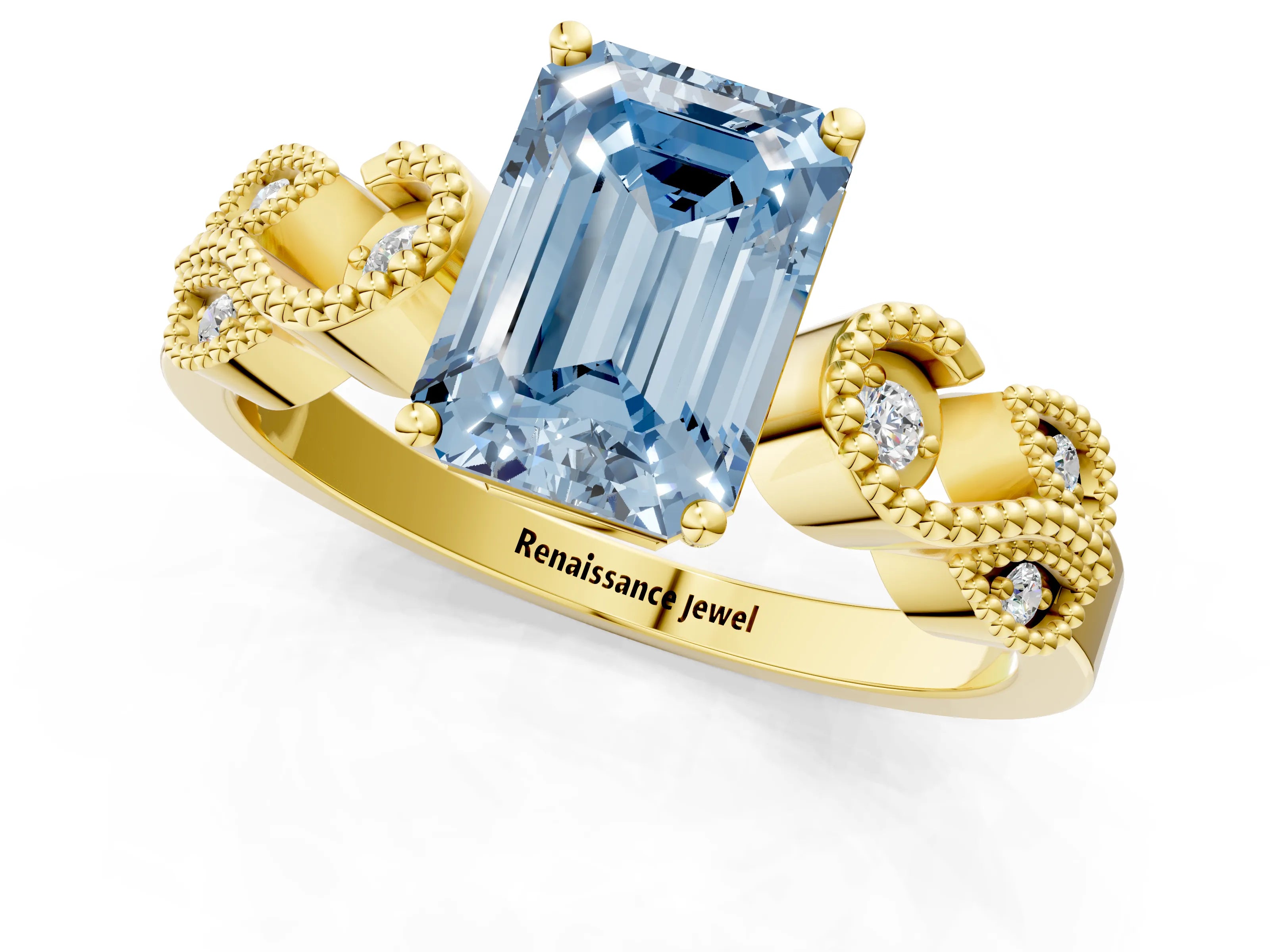 Yellow gold Fancy Blue Emerald Cut Solitaire Milgrain Leaf Band with Prong Setting_1