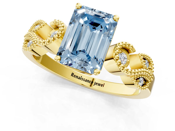 Yellow Gold Emerald Cut Vintage Solitaire Engagement Ring Setting for Fancy Blue Center