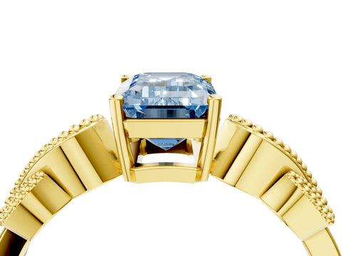 Yellow gold Fancy Blue Emerald Cut Solitaire Milgrain Leaf Band with Prong Setting_4