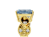 Yellow gold Fancy Blue Emerald Cut Solitaire Milgrain Leaf Band with Prong Setting_5