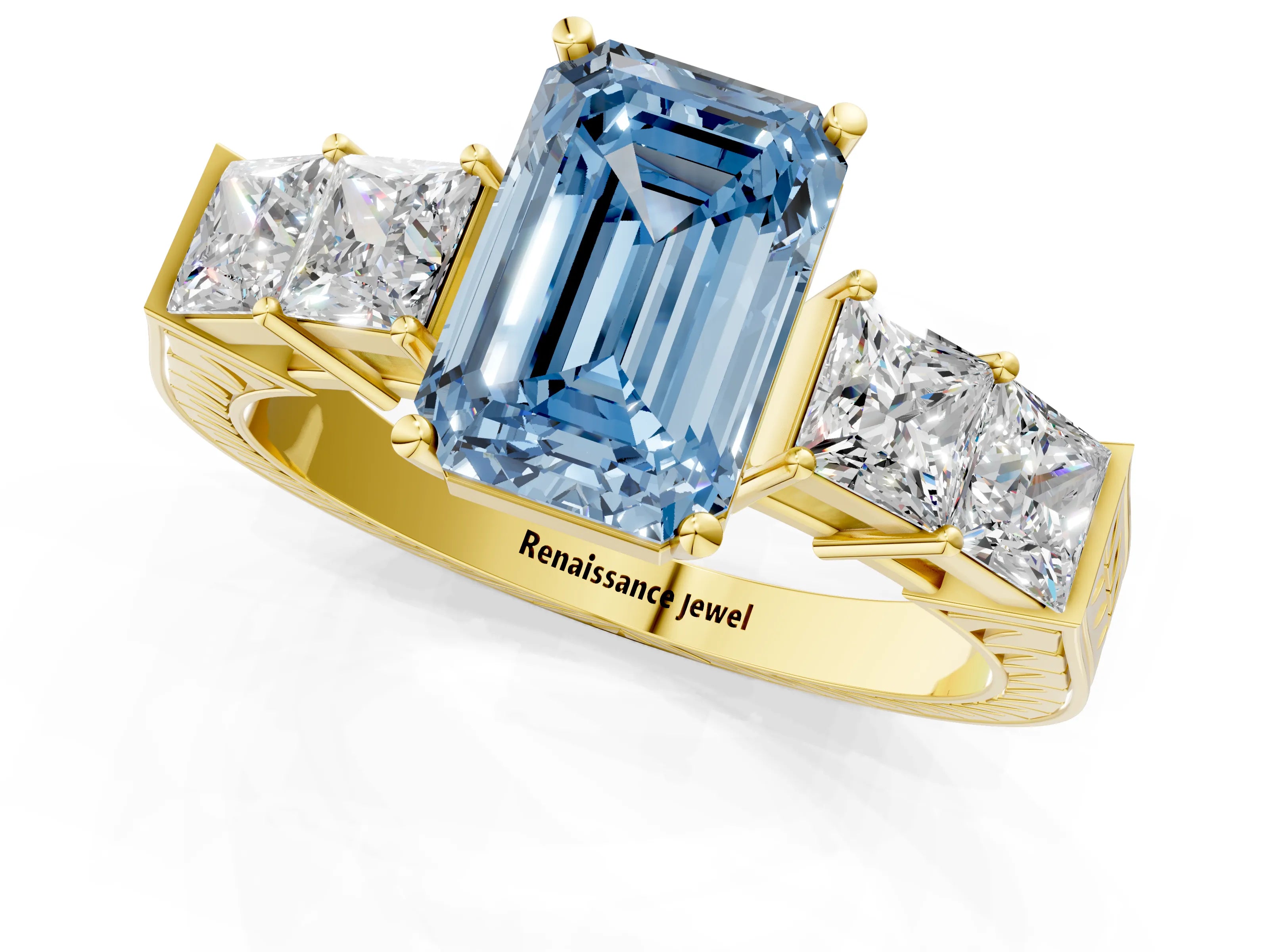 Yellow gold Fancy Blue Emerald Cut Solitaire Princess Side Stone Engraved Band Prong Setting Ring_1