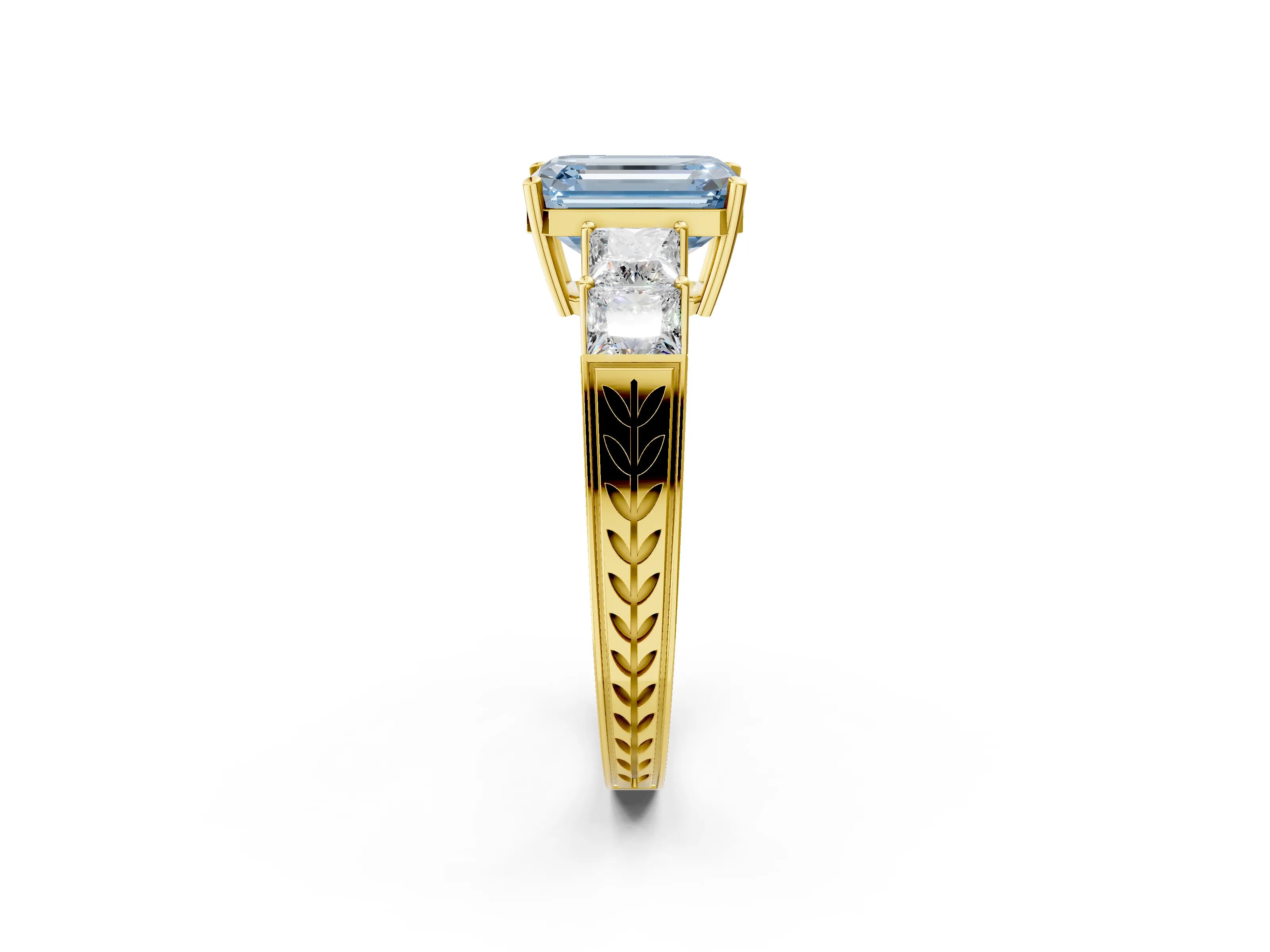 Yellow gold Fancy Blue Emerald Cut Solitaire Princess Side Stone Engraved Band Prong Setting Ring_2