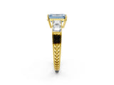Yellow gold Fancy Blue Emerald Cut Solitaire Princess Side Stone Engraved Band Prong Setting Ring_2