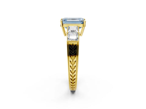Yellow gold Fancy Blue Emerald Cut Solitaire Princess Side Stone Engraved Band Prong Setting Ring_2