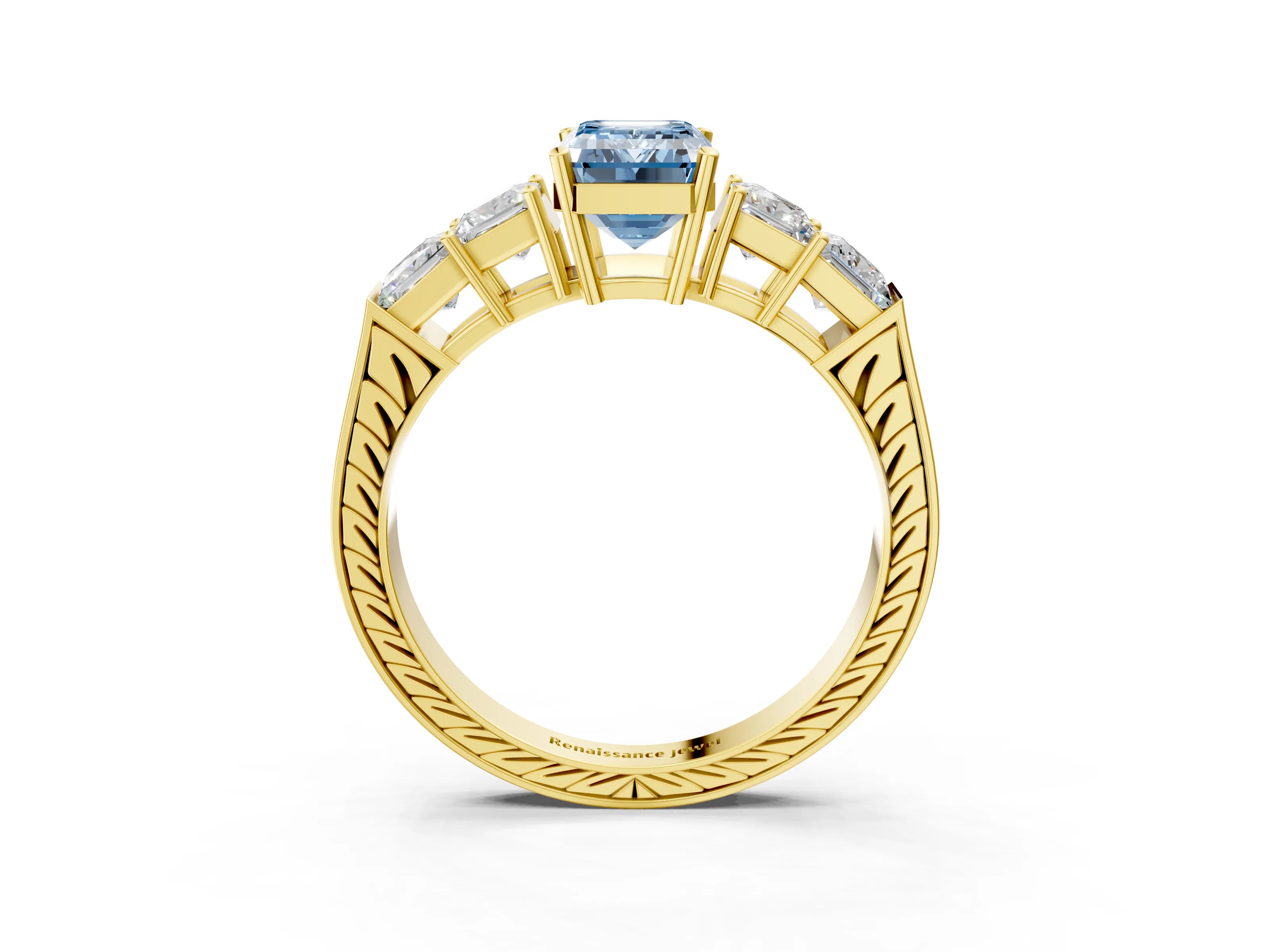 Yellow gold Fancy Blue Emerald Cut Solitaire Princess Side Stone Engraved Band Prong Setting Ring_3