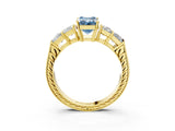 Yellow gold Fancy Blue Emerald Cut Solitaire Princess Side Stone Engraved Band Prong Setting Ring_3