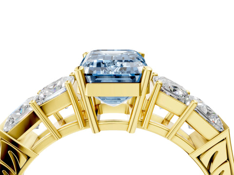 Yellow gold Fancy Blue Emerald Cut Solitaire Princess Side Stone Engraved Band Prong Setting Ring_4